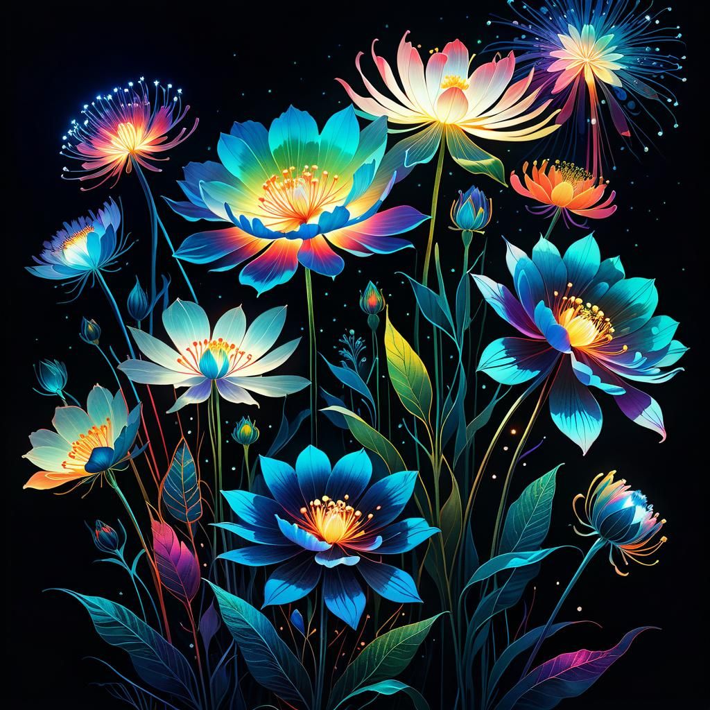 Luminous Flower Collage Art with Rainbow Fiber Optics