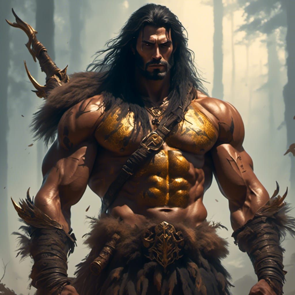 Fantasy Art: Muscular Man in Misty Forest