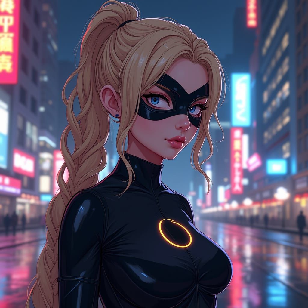 Confident Blonde Superheroine in Eclipse Motif Bodysuit