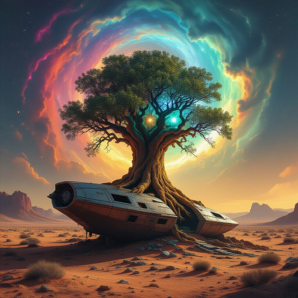 Surreal Tree Emerges from Spaceship in Desert