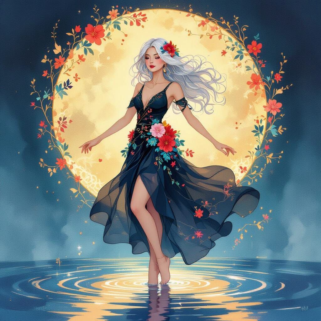 Ethereal Dancer on Water in Watercolor Style