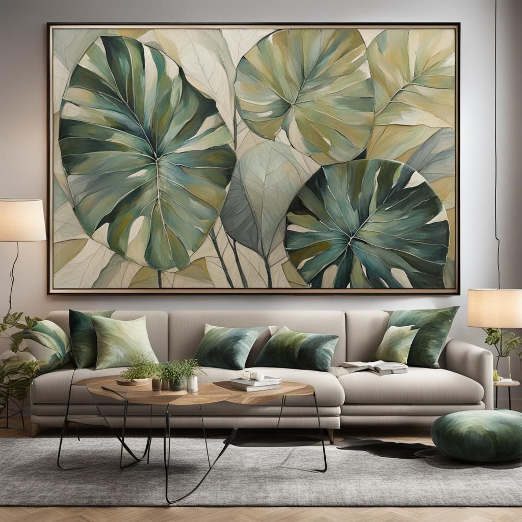 Vibrant Exotic Botanic Mural in Beige, Grey, and Green