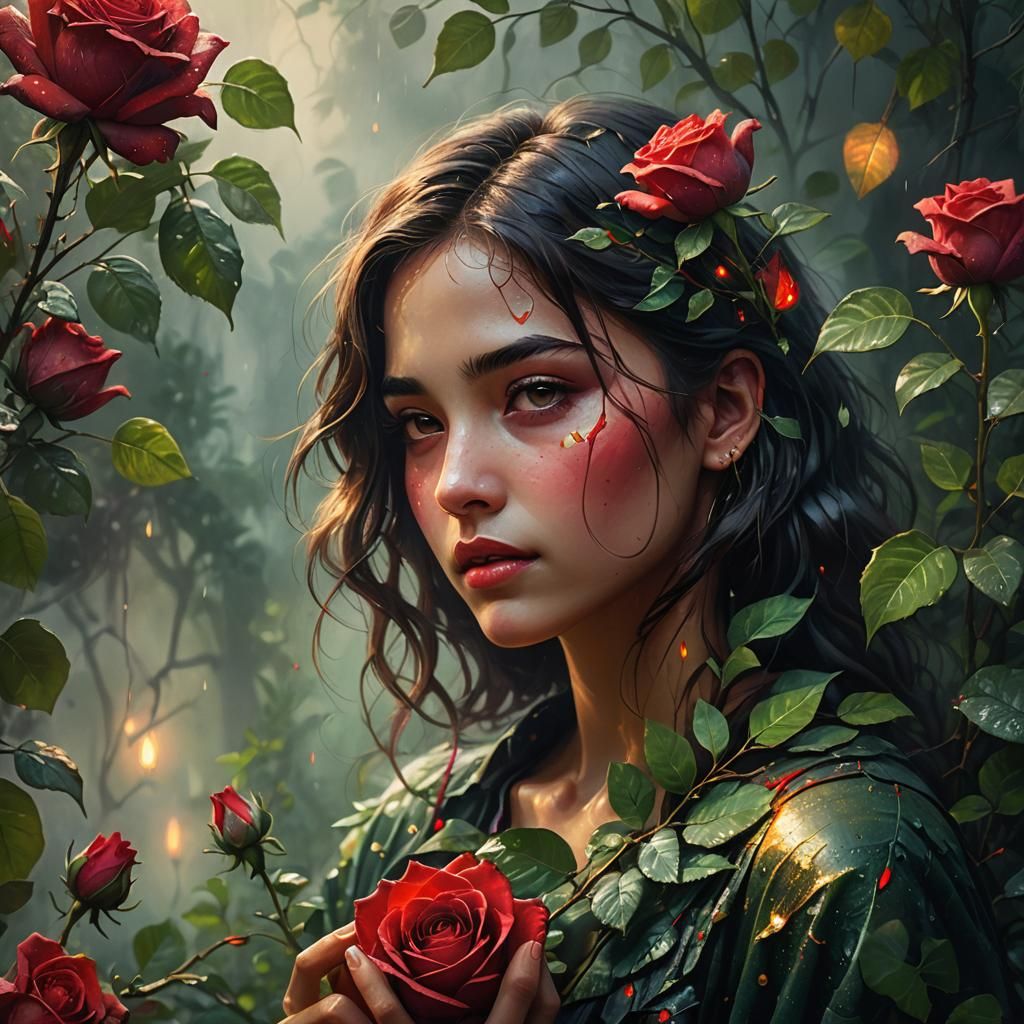 Girl With Red Rose: Vivid Digital Art