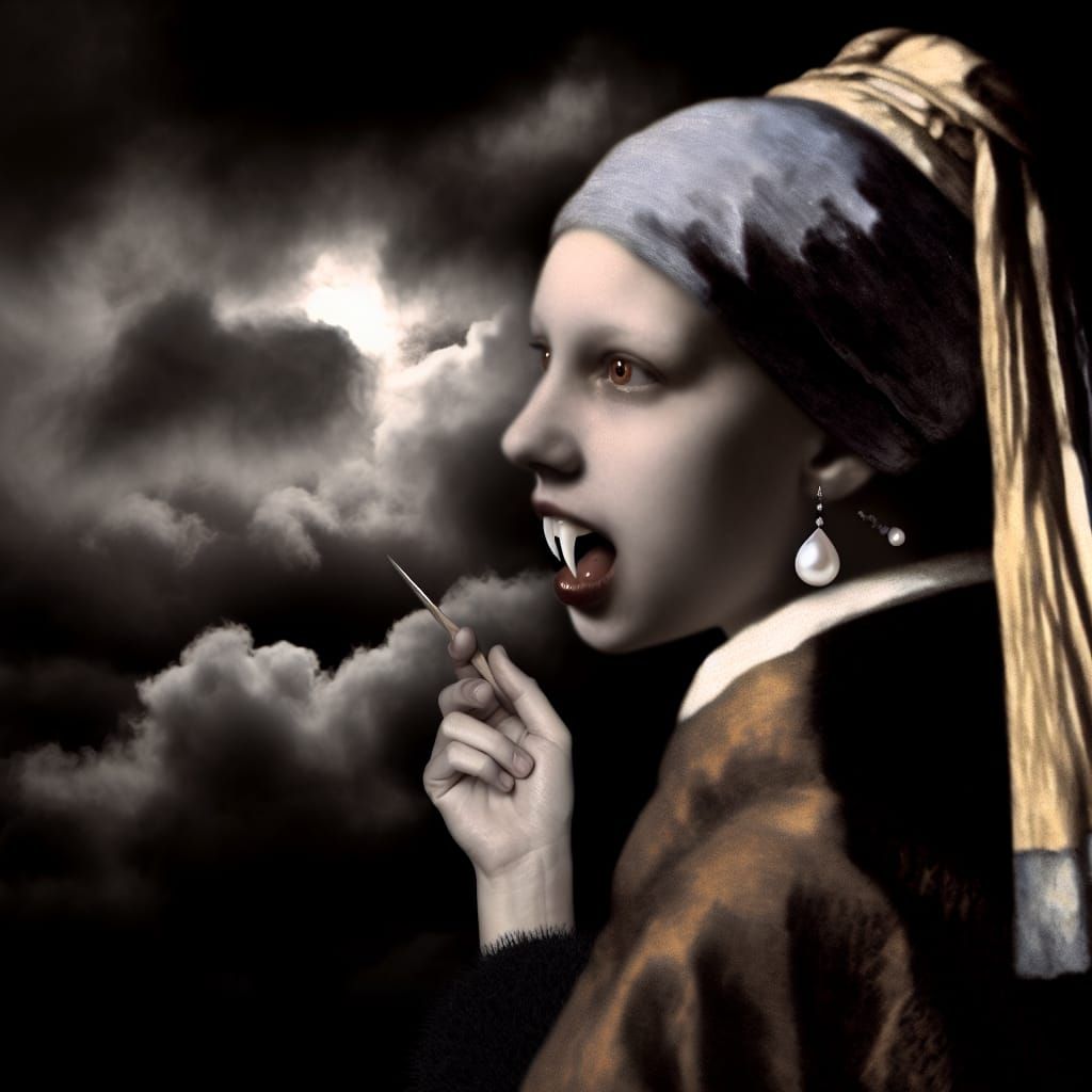 Vampire Girl with Pearl Earring in Hyperrealistic Style