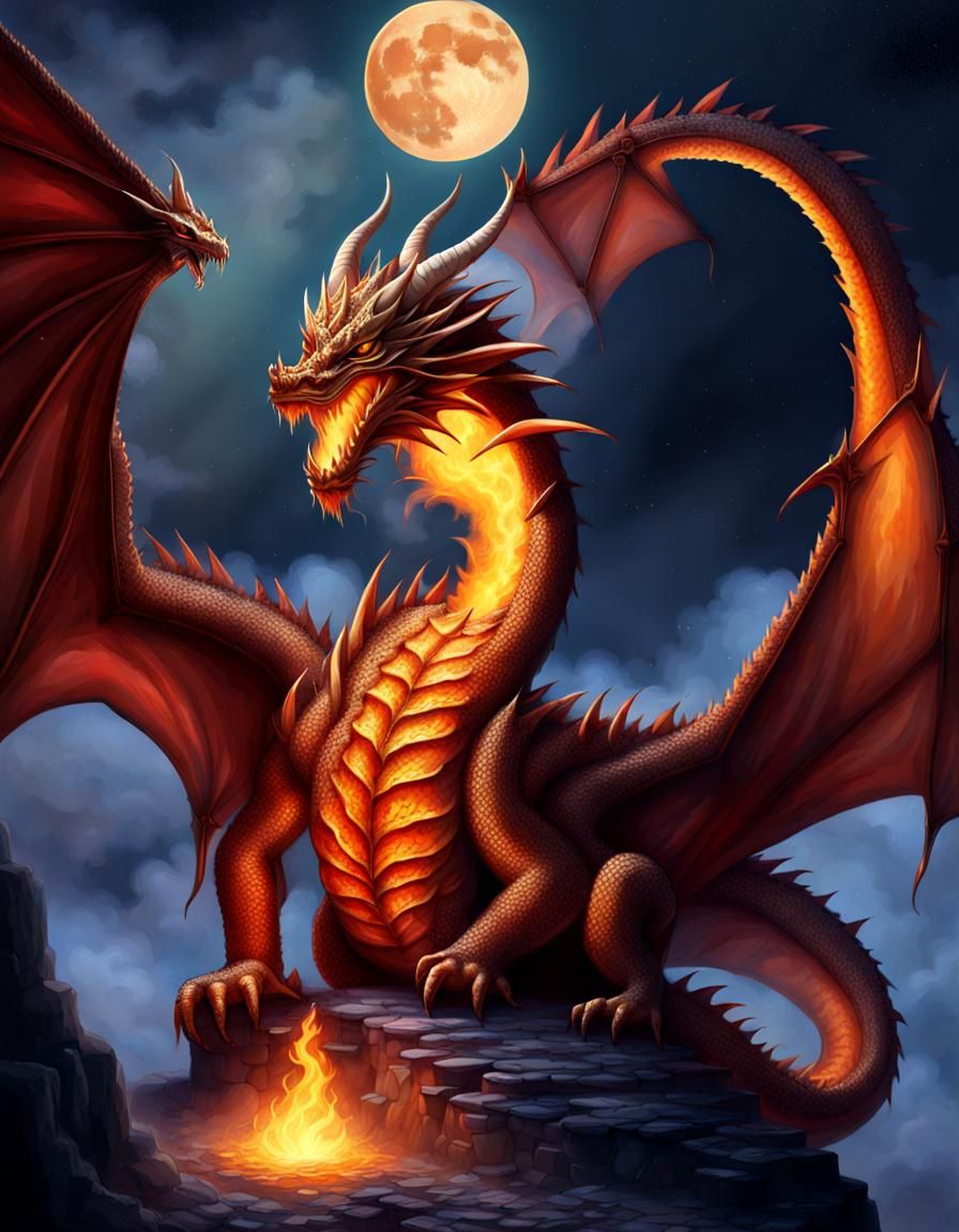 Dragon Awakes and Breathes Fire at the Moon