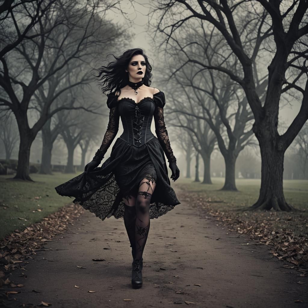 Gothic Woman in Windswept Park, Dark Romanticism