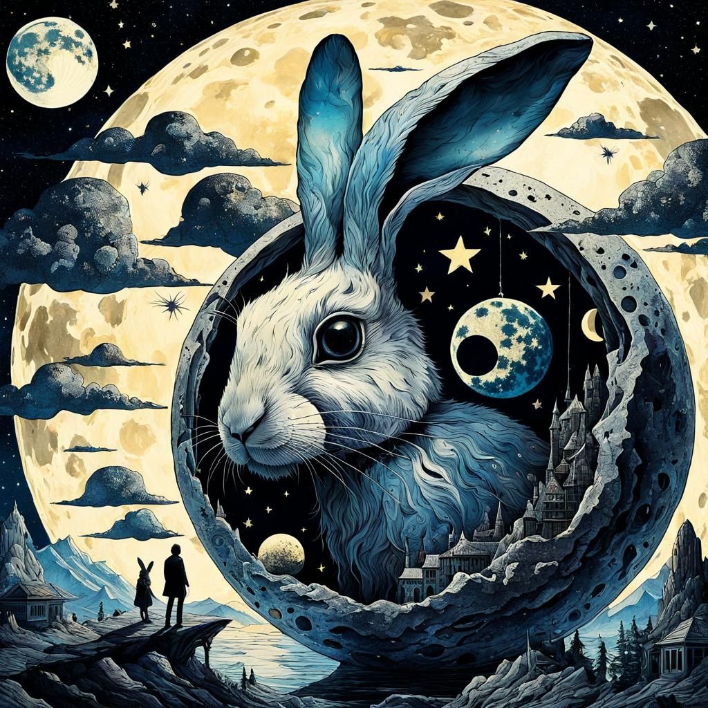 Macabre Star Bunny Inside Moon Collage