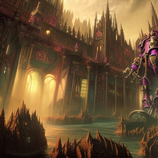 Warhammer 40k Slaanesh Palace in Hyperrealistic Landscape