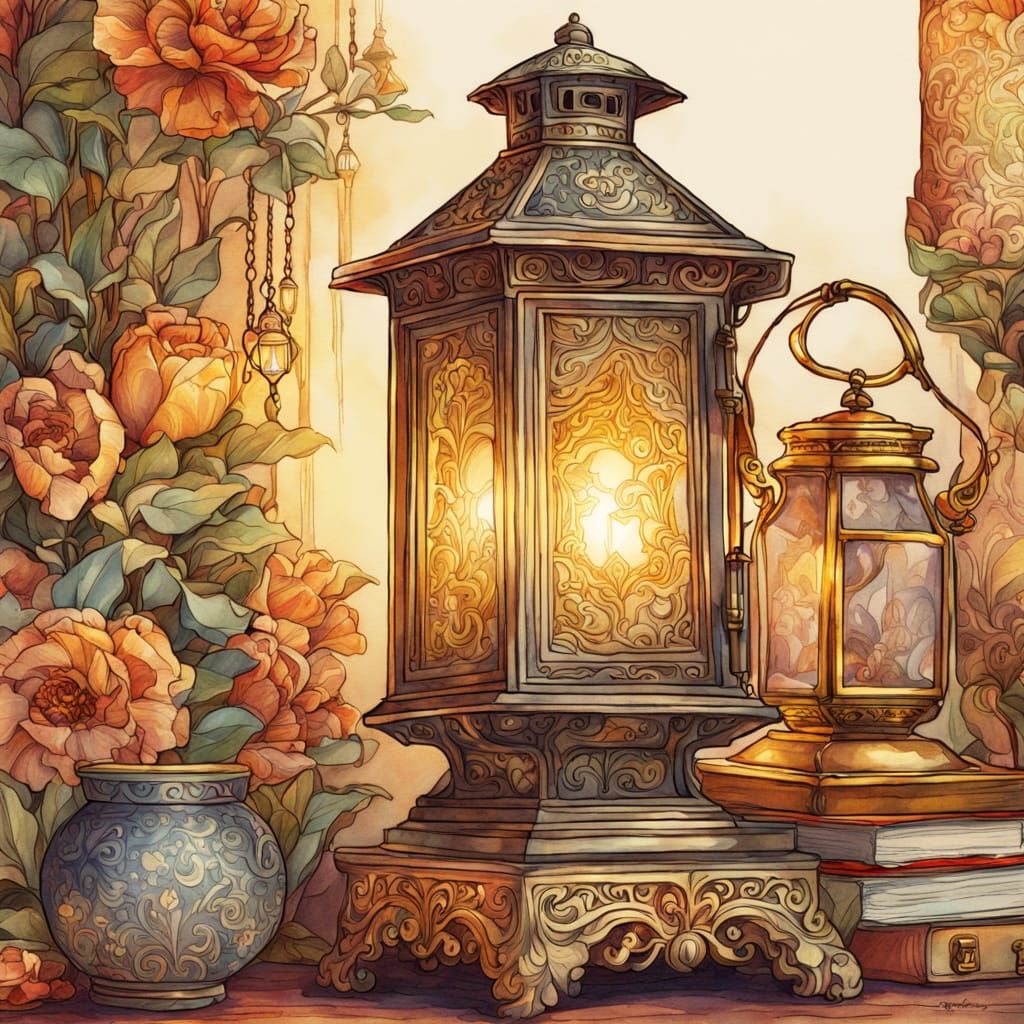 Antique Lantern With Treasures In Golden Light