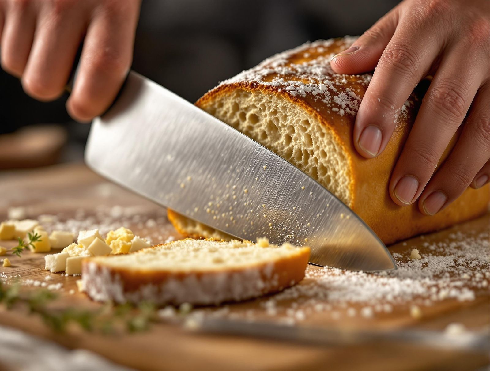 Knife Slicing Bread: Hyperrealistic Kitchen Scene