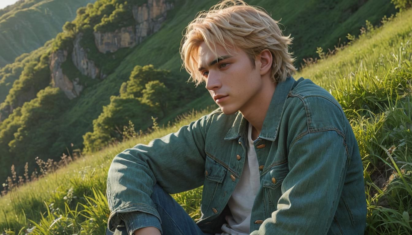 Lonely Anime Character on Lush Hillside in 3D