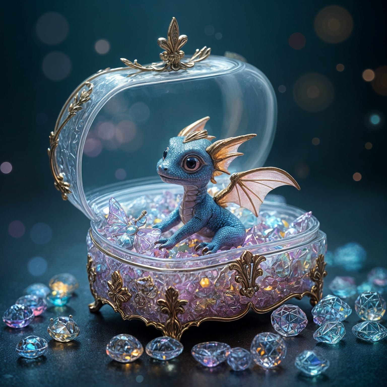 Baby Dragon with Jewels in Fantasy Art Style