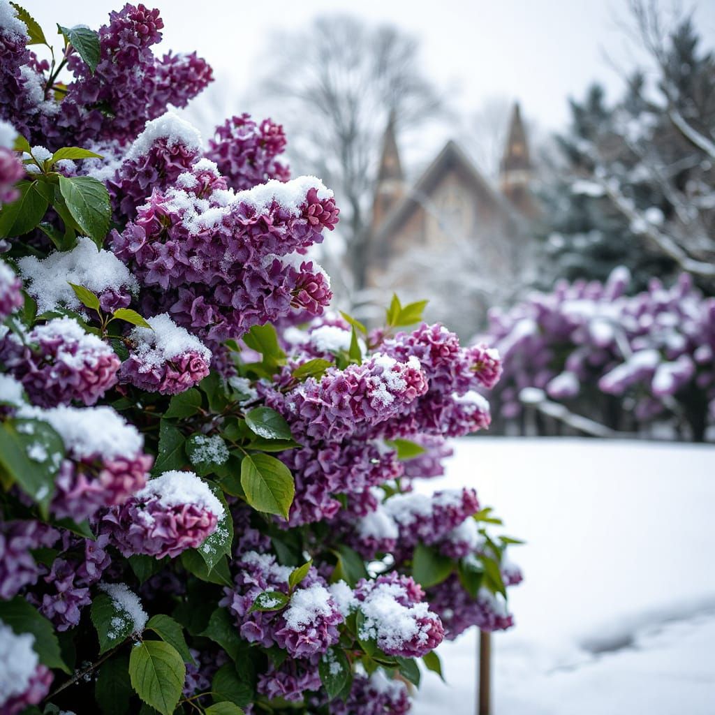 Lilac Bush in Snow, Panoramic Landscape