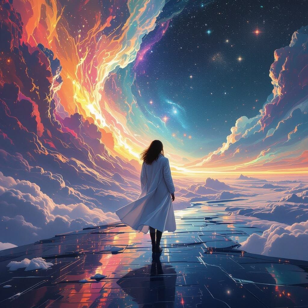 Futuristic Woman Stands at Edge of Cosmic Expanse