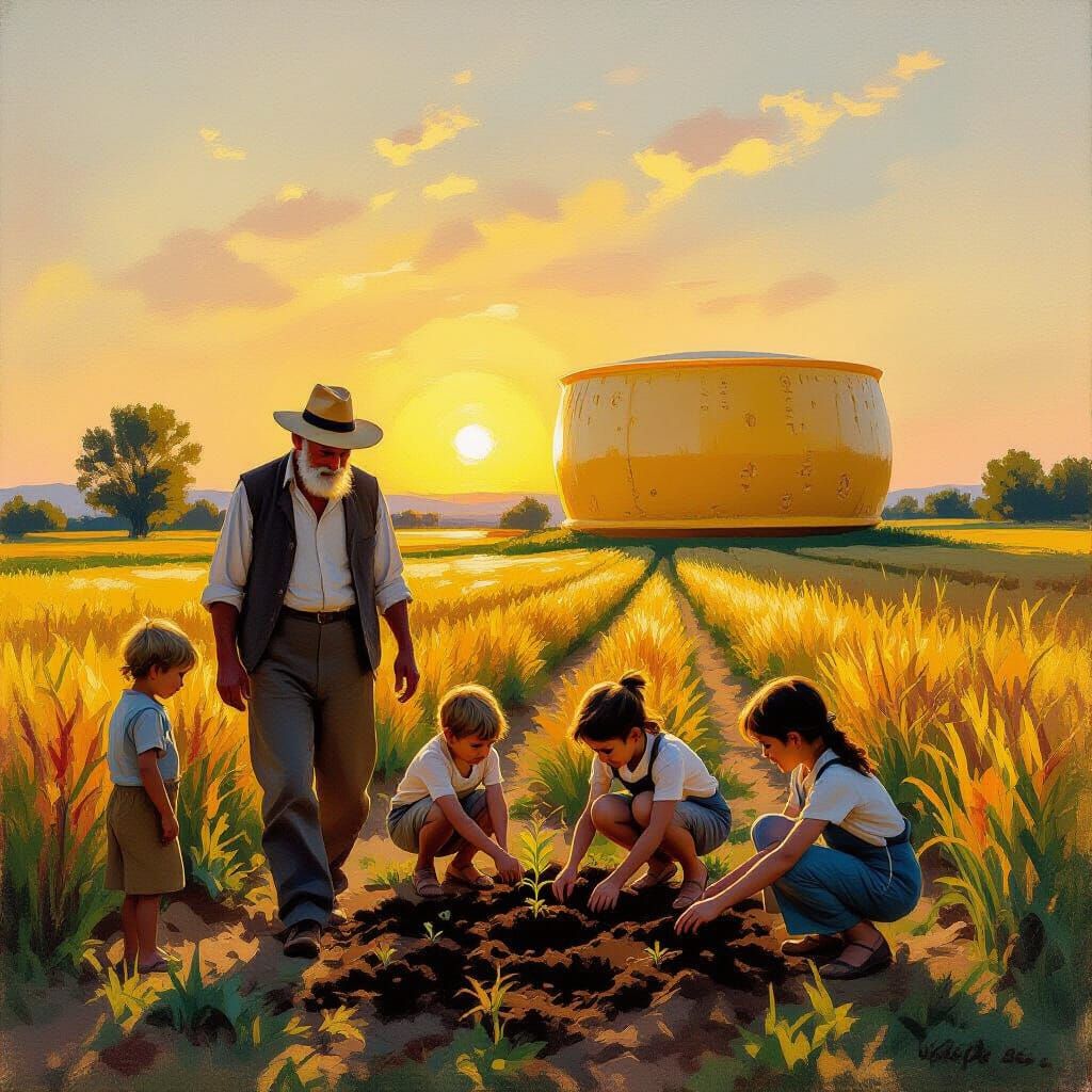 Poetic Dusk Scene: Man Teaches Children Planting Seeds