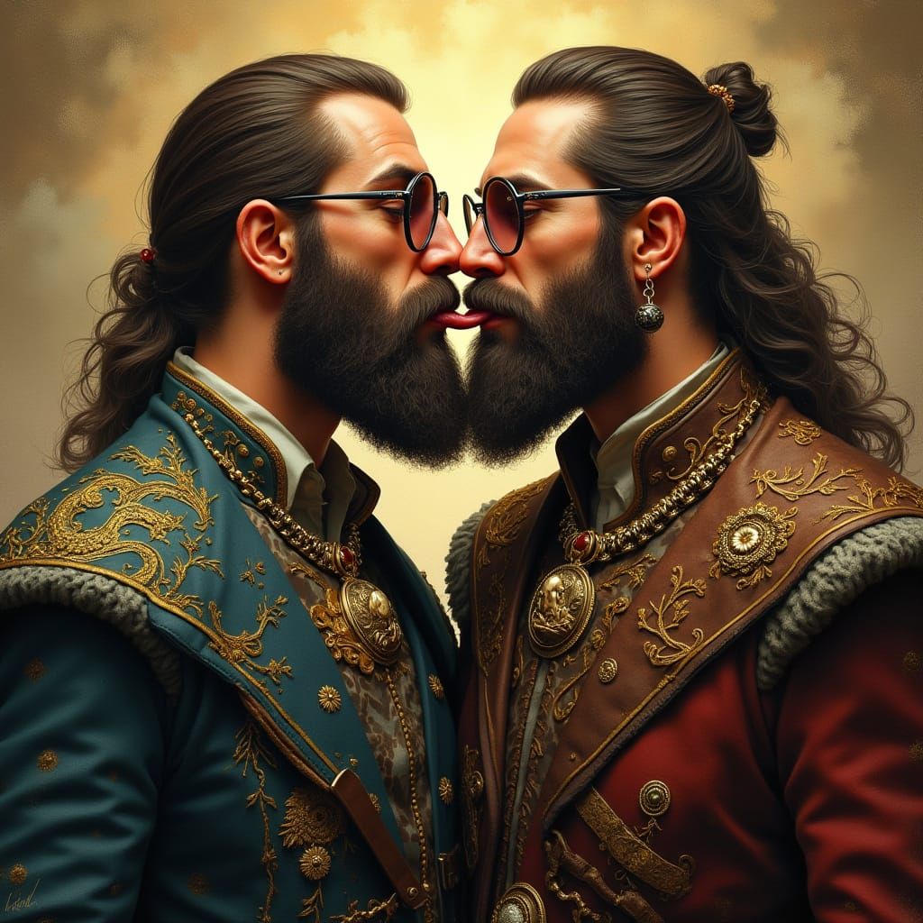 Bearded Viking Warriors Share a Passionate Kiss in Ornate Su...