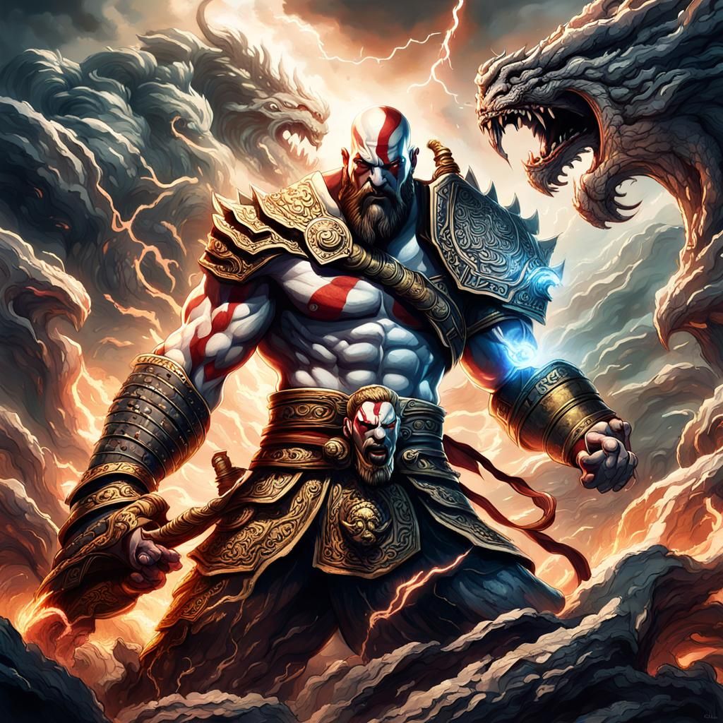Kratos Battles Hydra: Epic Concept Art