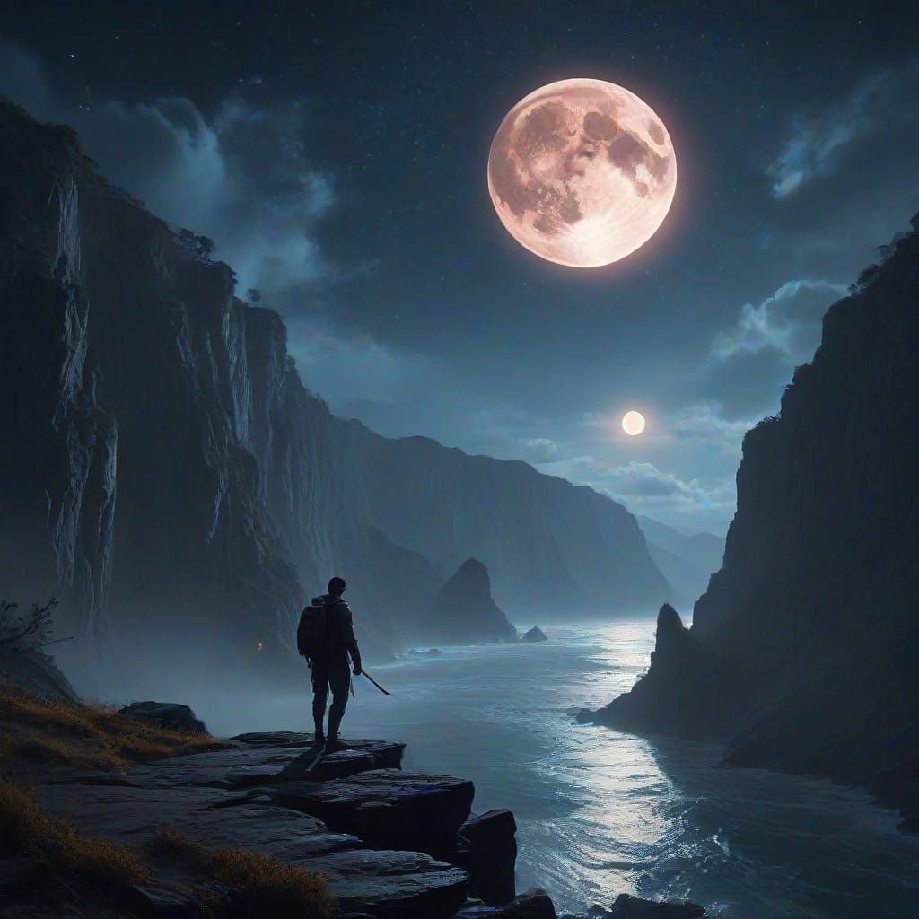 Epic Fantasy Cliffside Scene with Glowing Moon