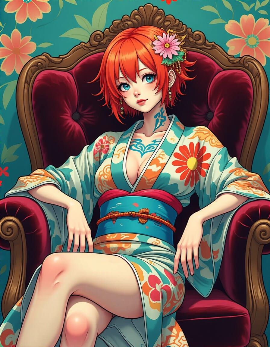 Anime Redhead Model with Body Paint on Velvet Chair