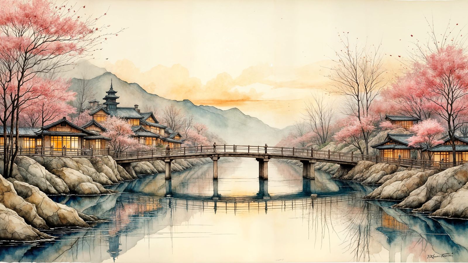 Impressionist Watercolor Lithograph of a Japanese Bridge at ...