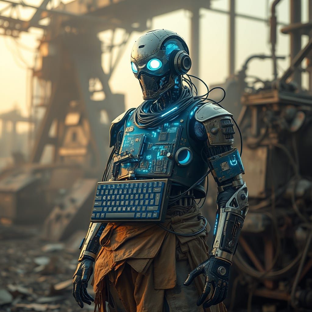 Cyborg Composed of Computer Parts in Industrial Wasteland