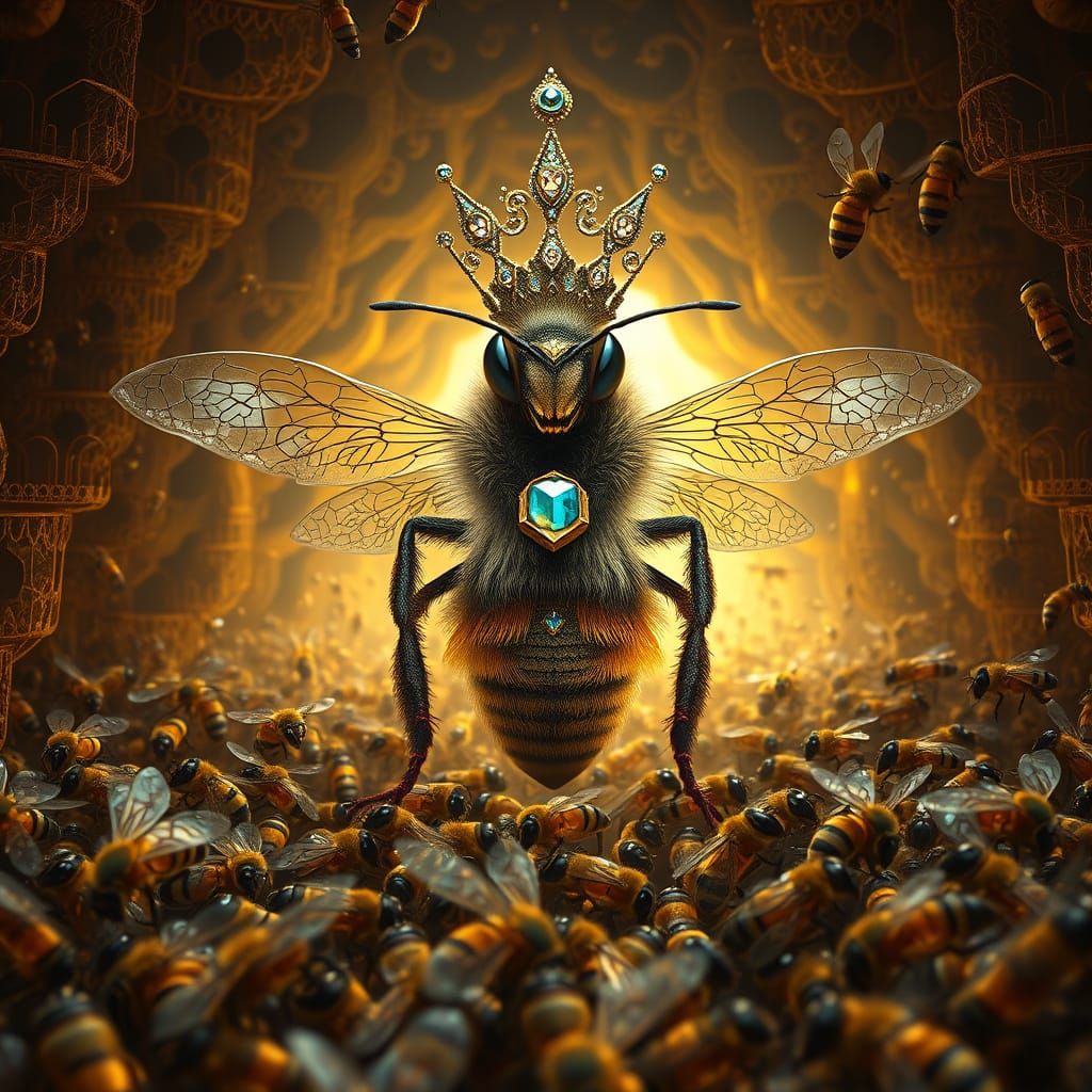 Majestic Queen Bee in Glittering Honeycomb Hive