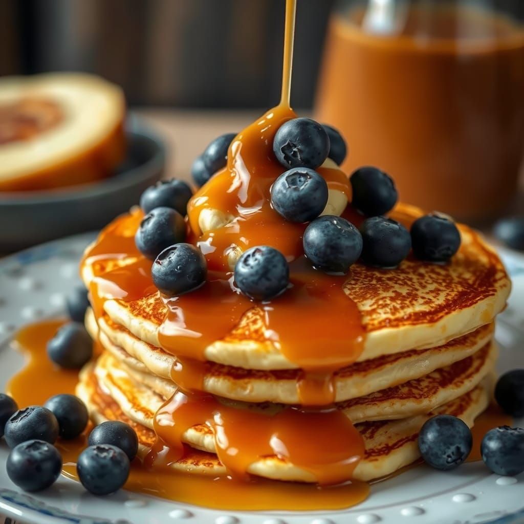 Pancakes with Caramel and Blueberries in Still Life