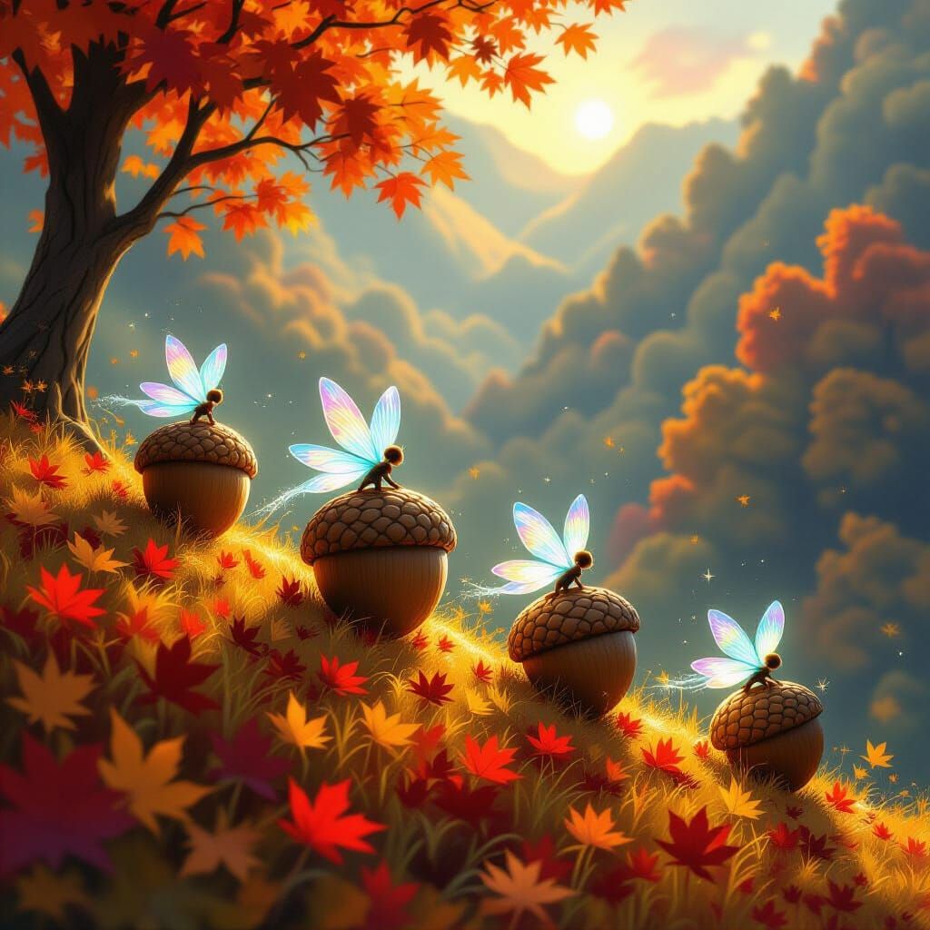 Magical Sprites Ride Acorns Down Autumn Hill
