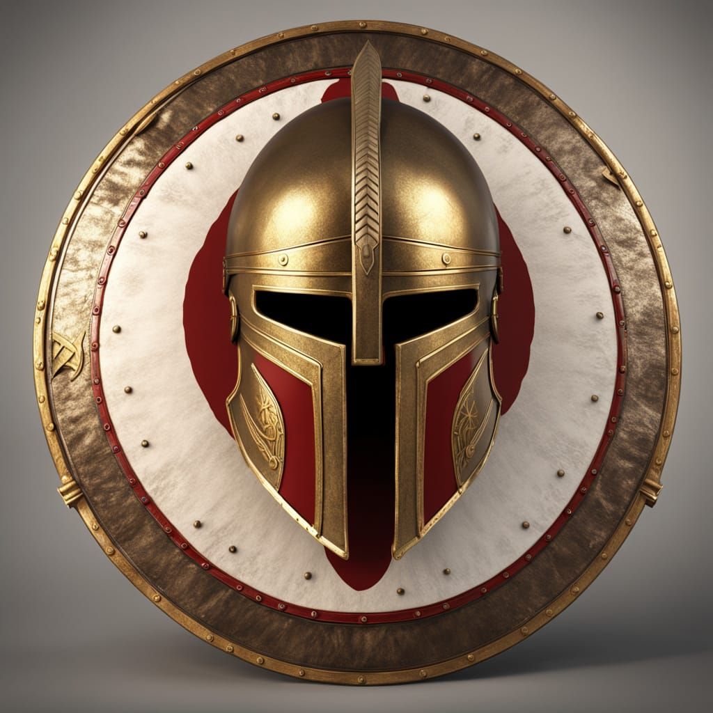 Hoplite Helmet on Shield in Detailed Matte Painting