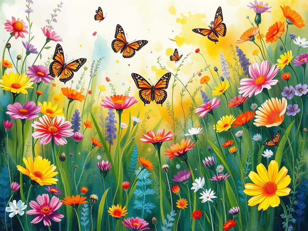 Vibrant Meadow Scene in Alcohol Ink Style