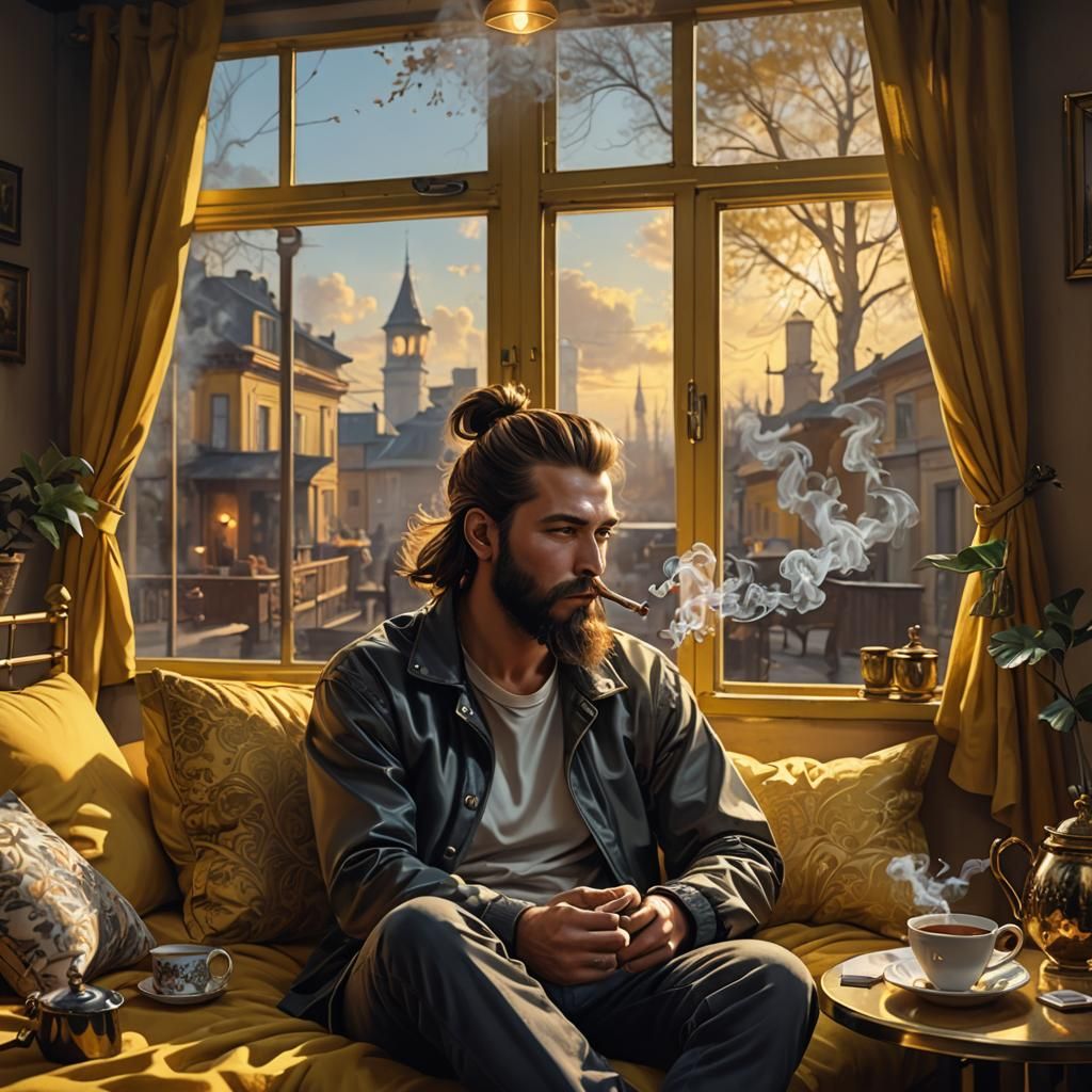 Cozy Man Smoking in Warm Cinematic Lighting
