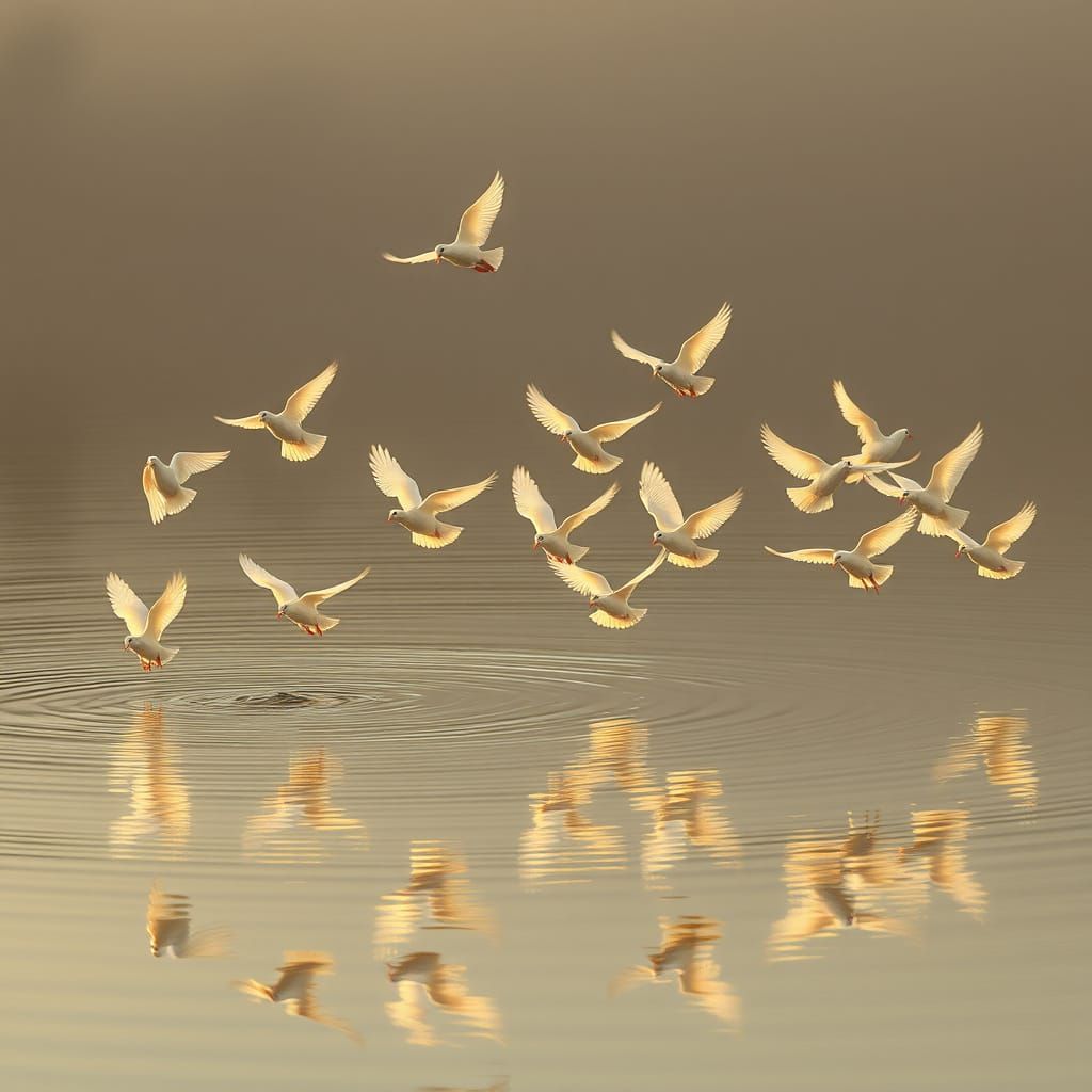 Surreal Doves in Flight over a Serene Lake