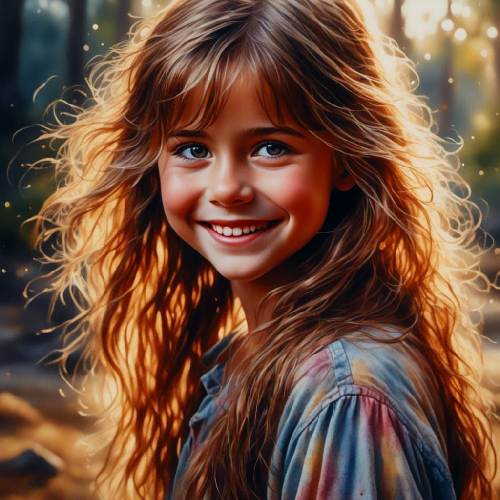 Hyperrealistic Watercolor Portrait of Smiling Young Woman