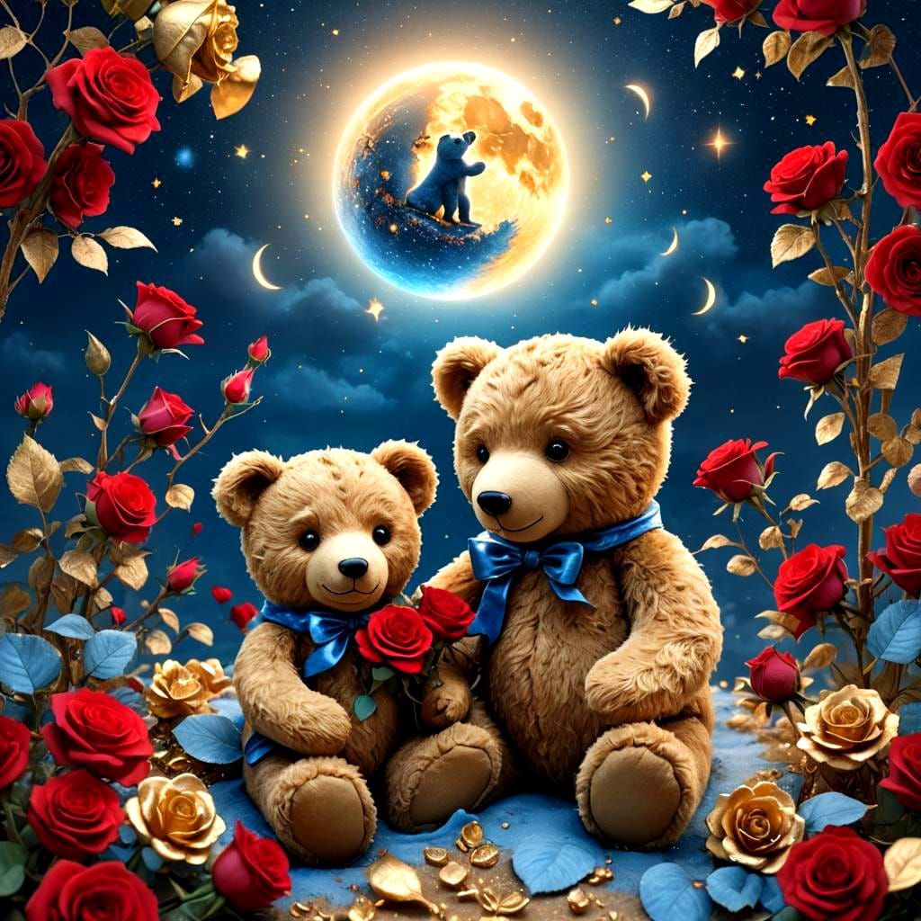 Teddy Bears in Love Under Blue Moon, Fantasy Art