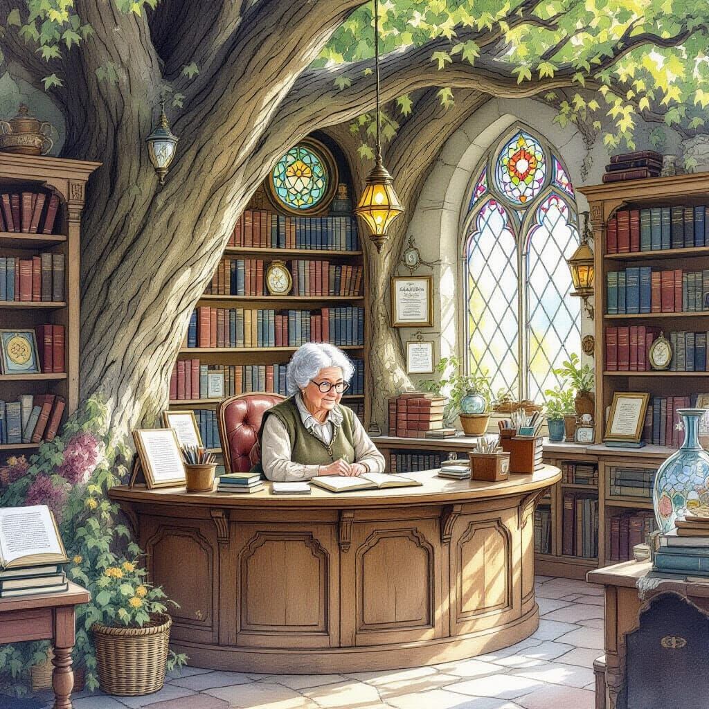 Quaint Tree Bookshop in Watercolor Style