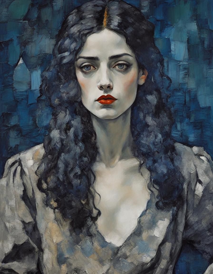 Elegant Goth Girl Portrait in Impasto Style