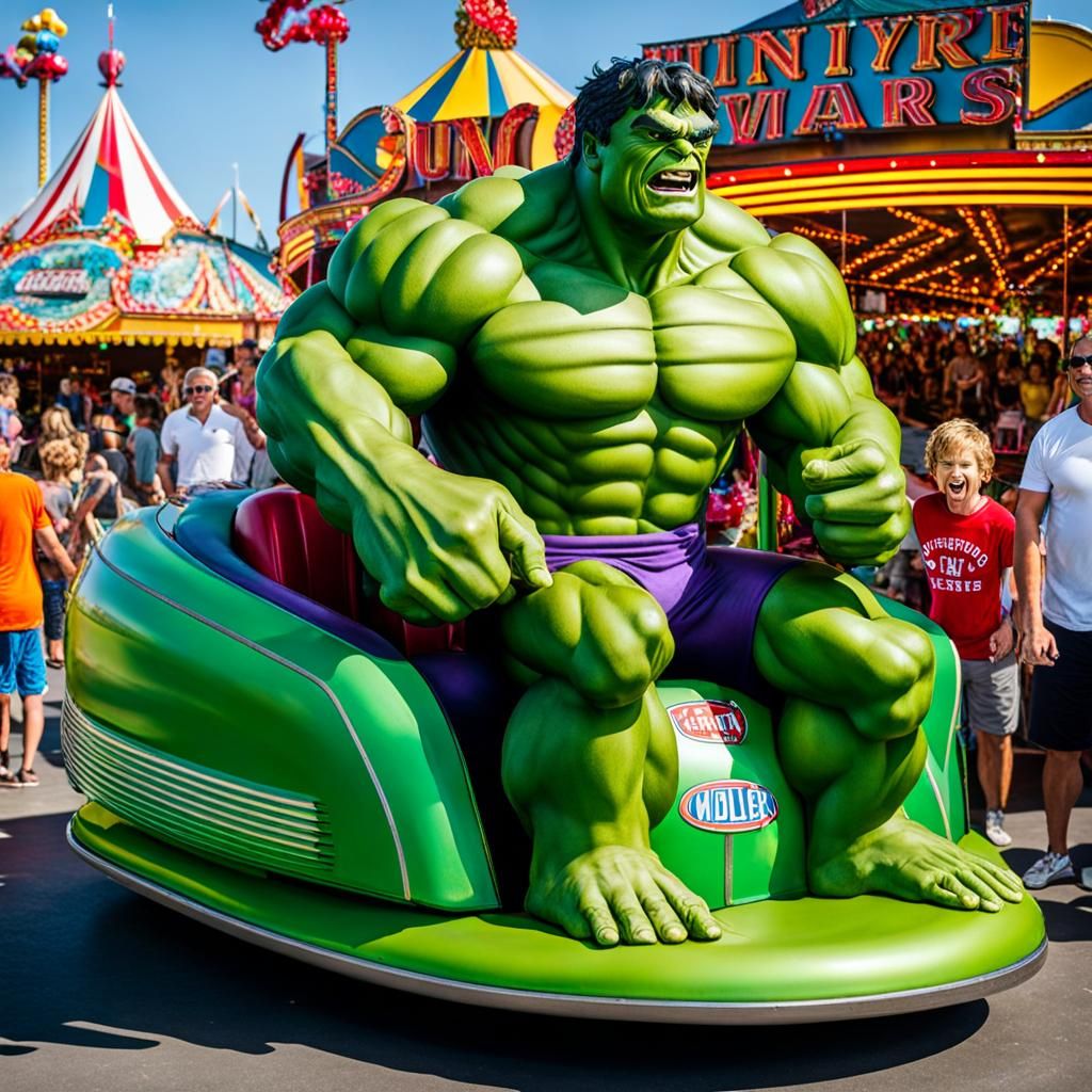 Hulk, riding bumper car, at carnival