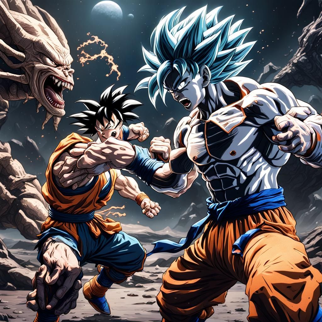 Goku Punches Alien: Detailed Fantasy Concept Art