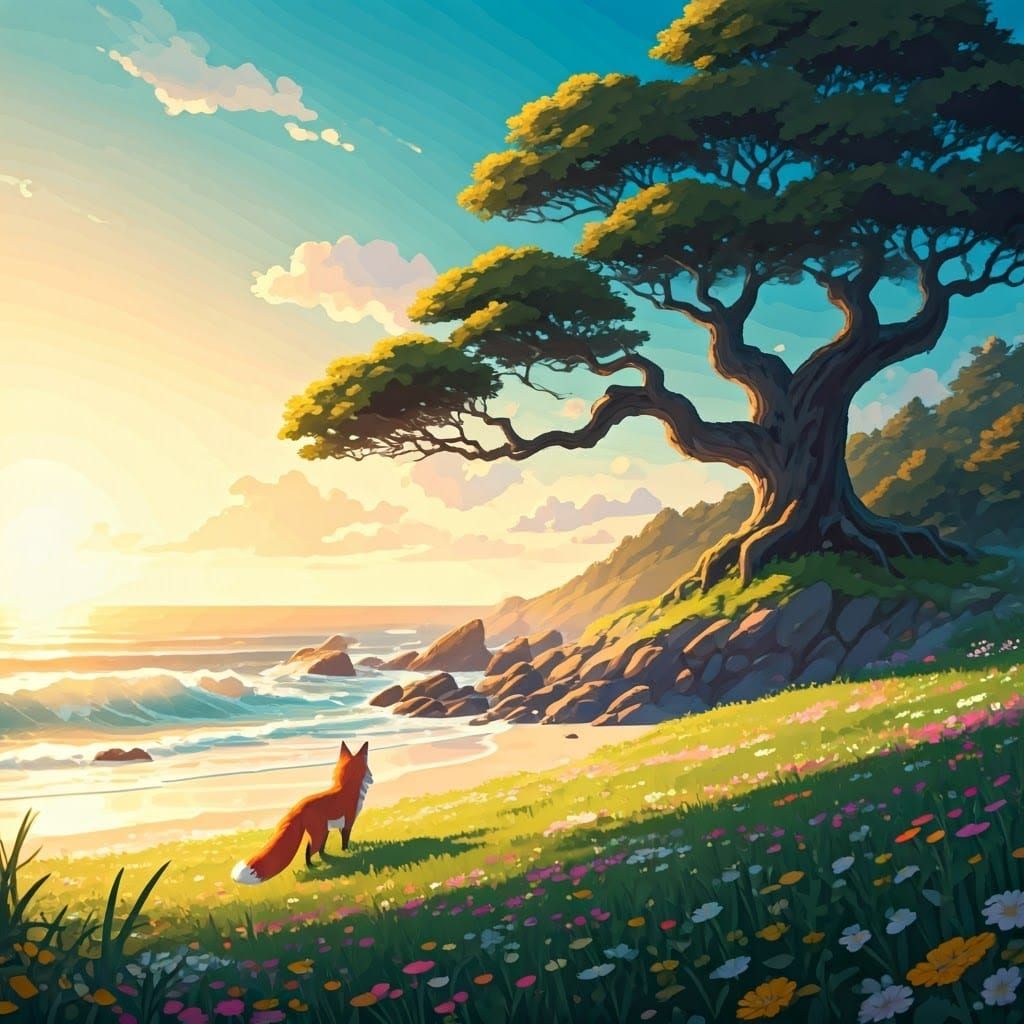 Surreal Sunset Fox Amidst Lush Wildflowers and Ancient Oak