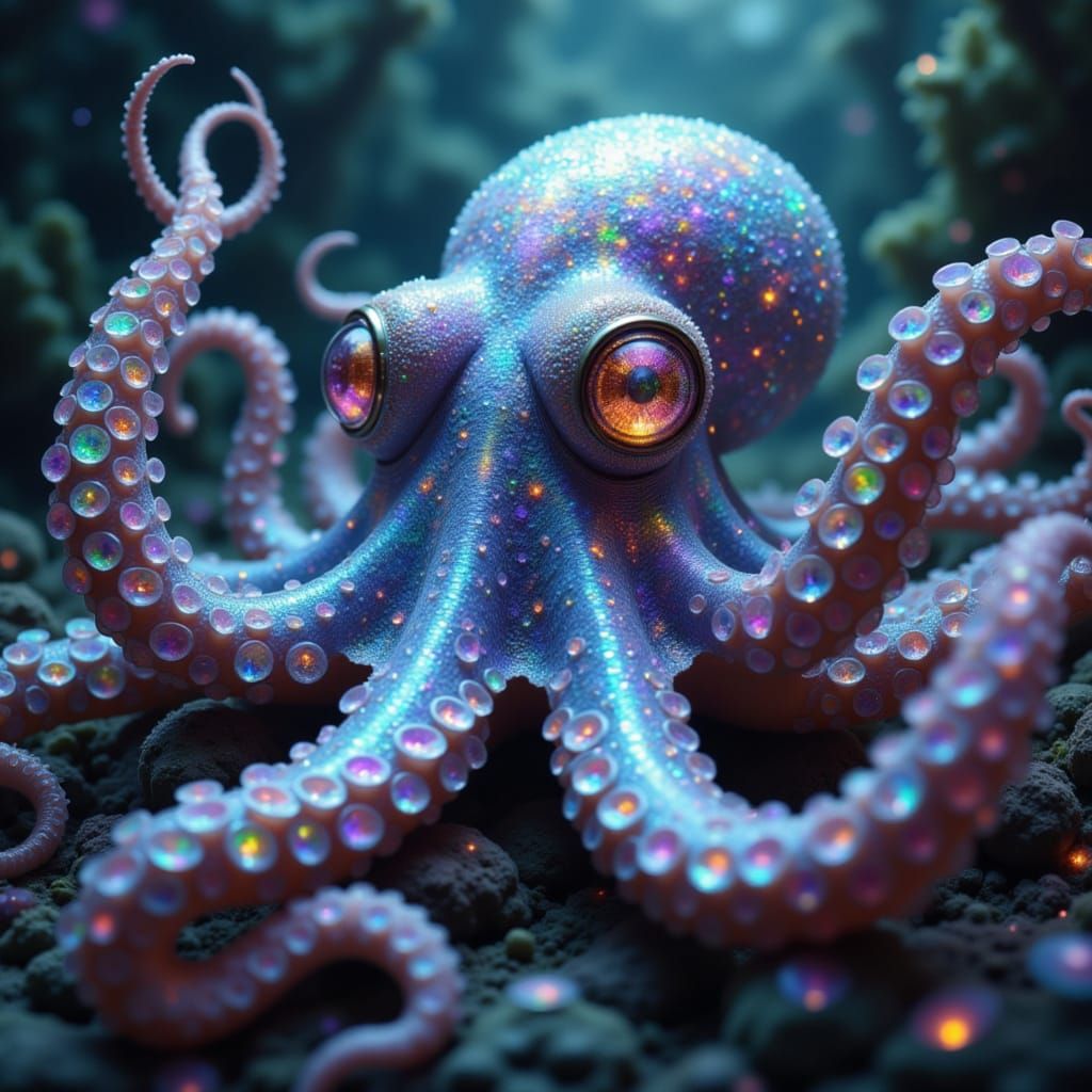 Holographic Octopus with Floral Accents in Cosmic Horror Sty...