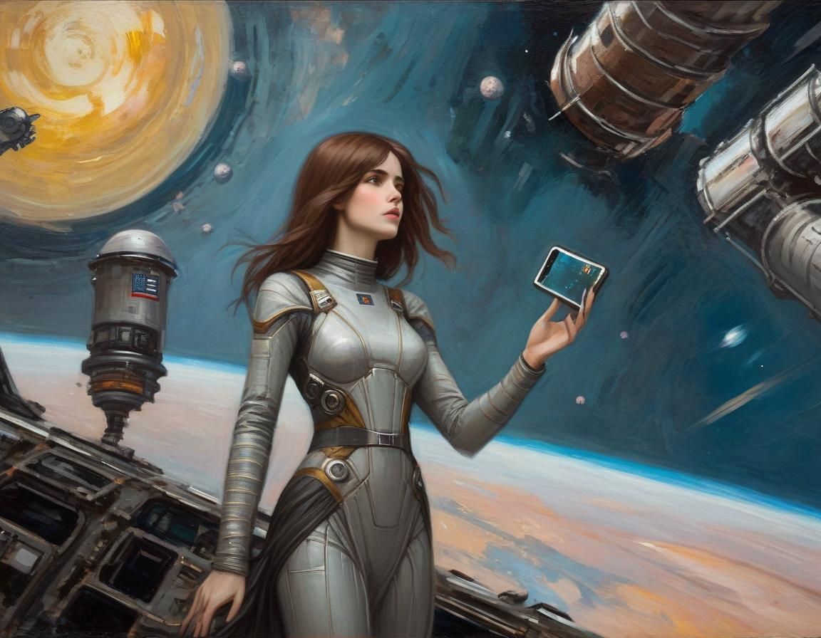 Android Woman in Space, Oil Painting Style