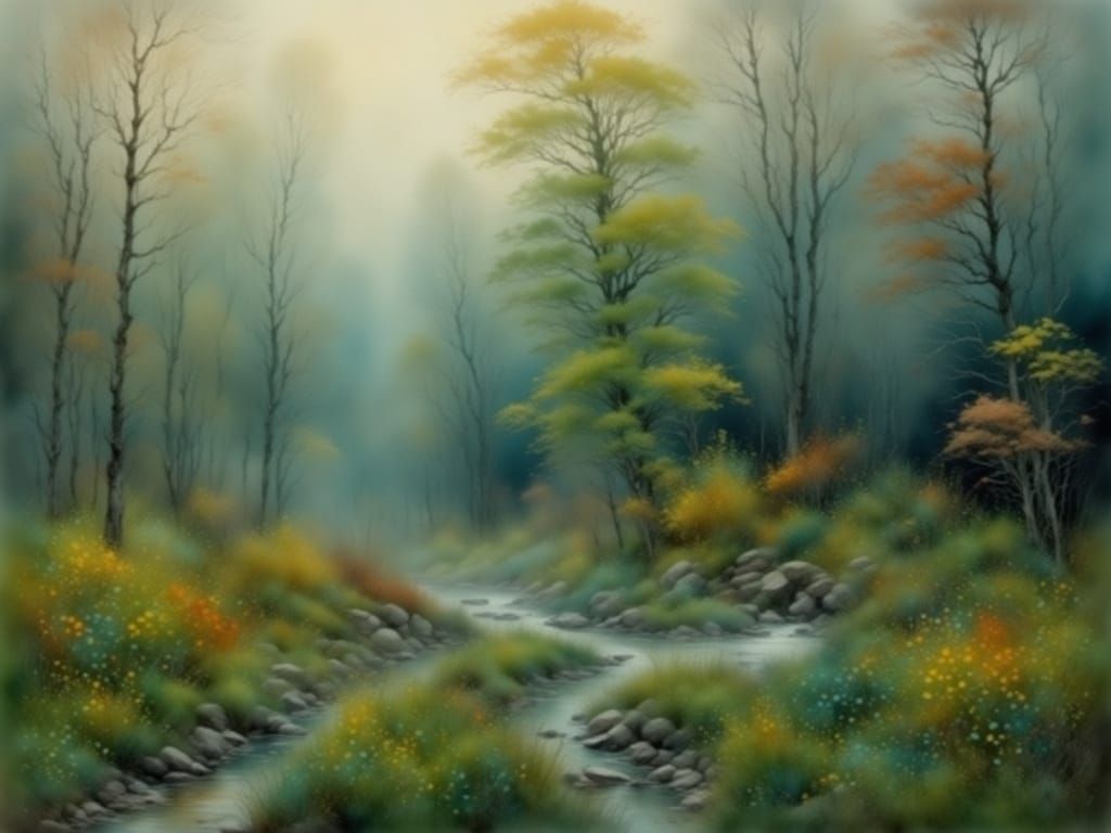 Ethereal Valley Twilight in Whimsical Watercolor