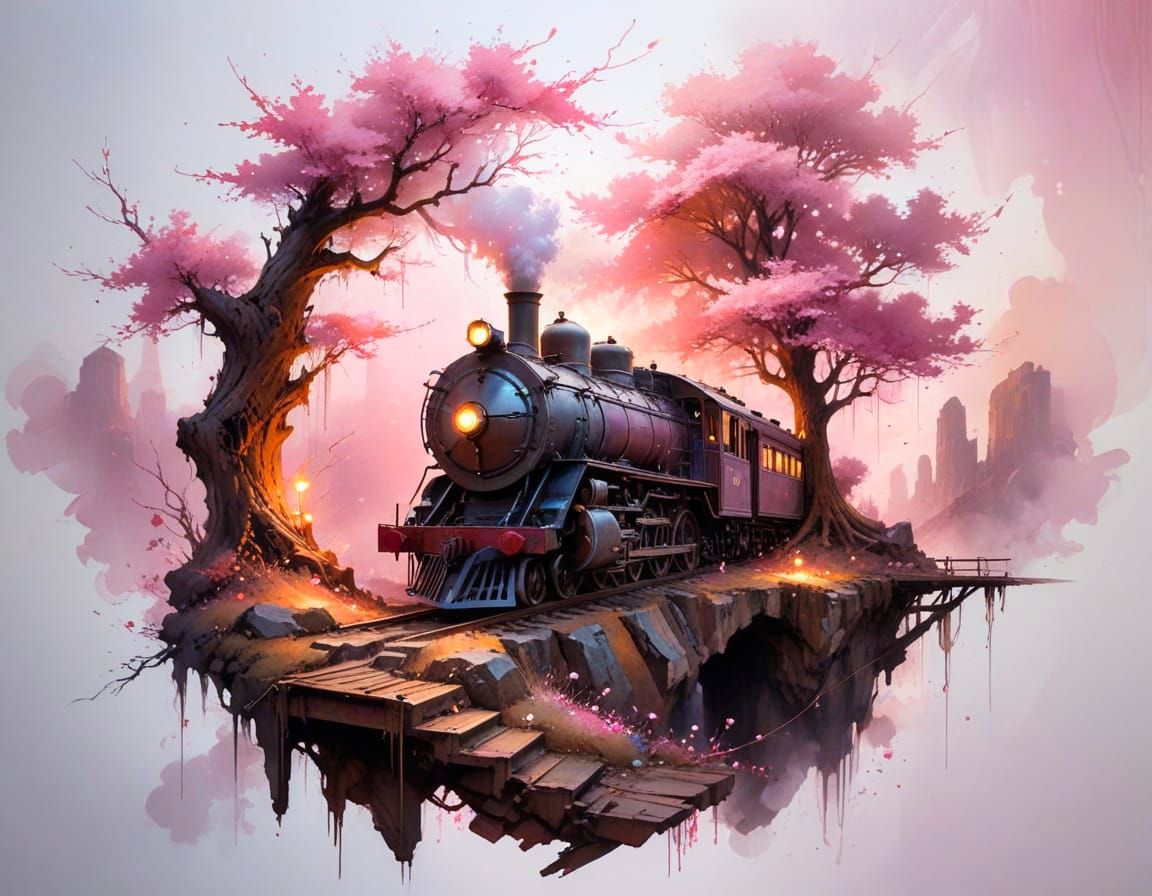 Surreal Abandoned Train in Glowing Rune Cavern