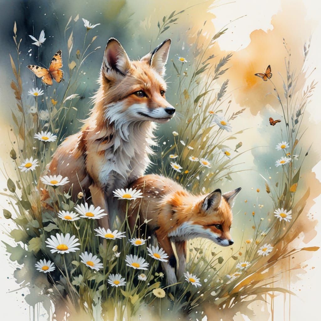 Fawn and Fox Cub in Summer Meadow, Watercolor Painting