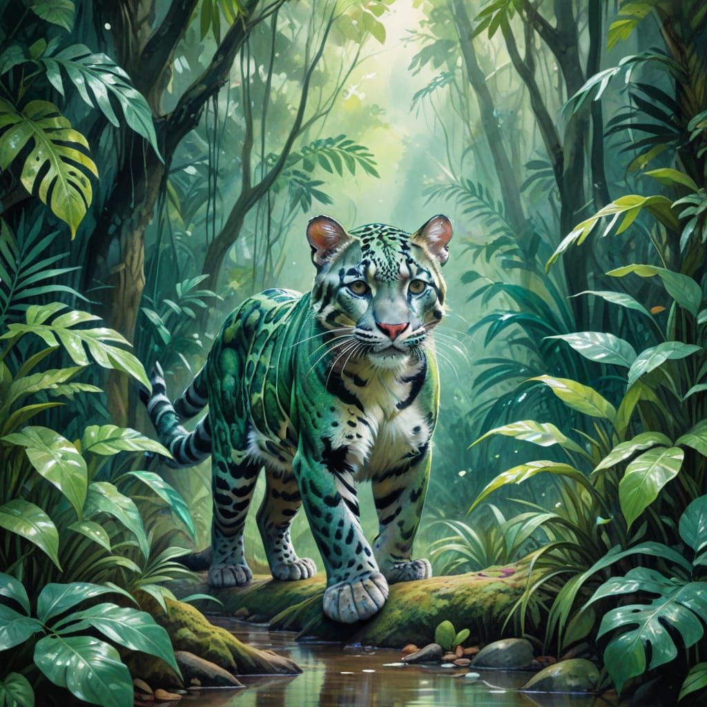 Clouded Leopard in Emerald Rainforest Watercolor