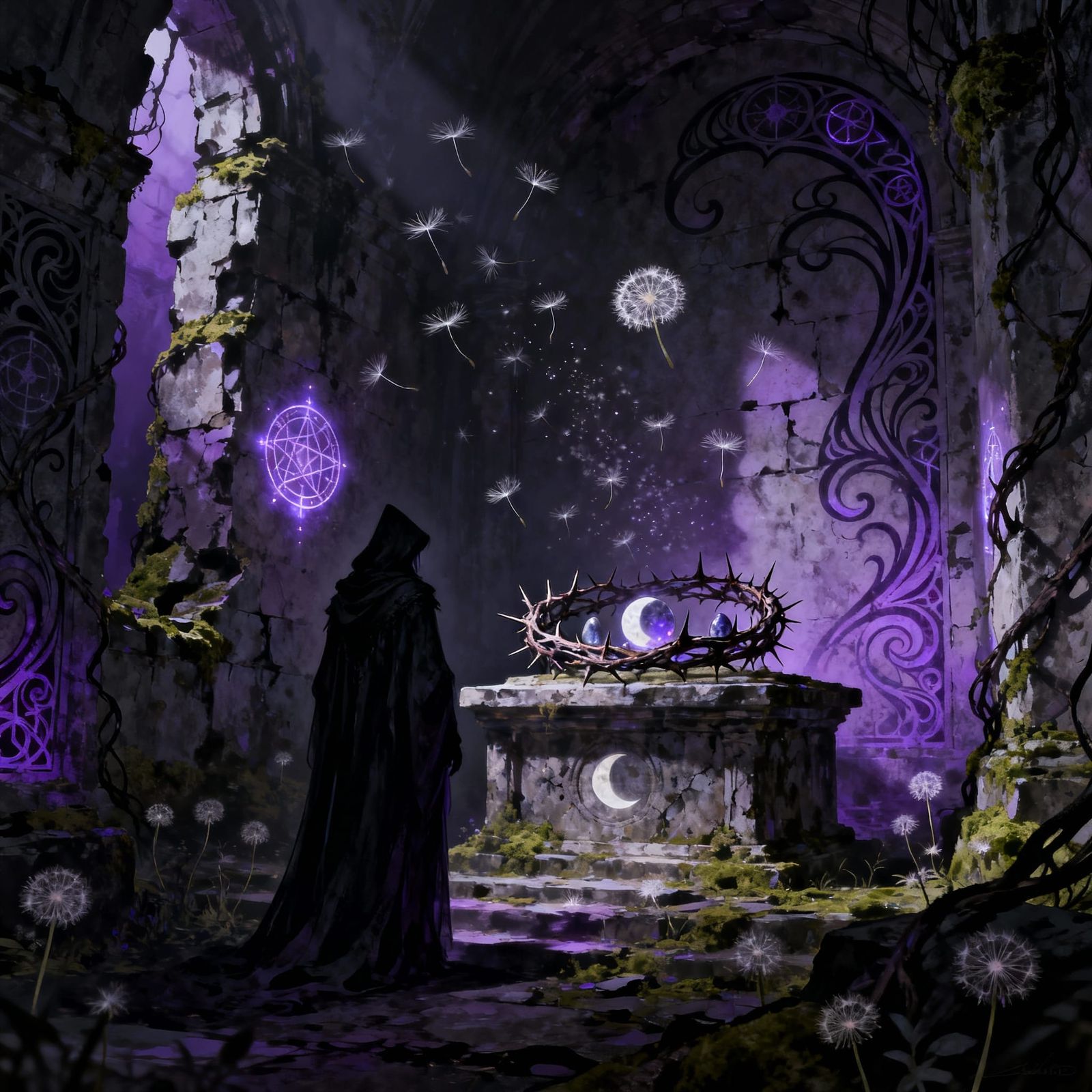 Witch at Ancient Altar in Dark Gothic Fantasy Style