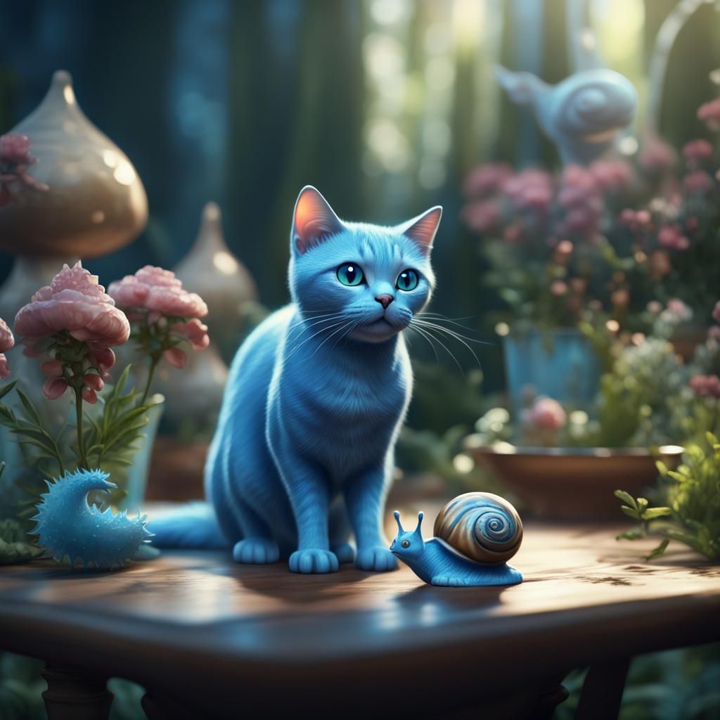 Blue Cat and Crystal Snail in Garden, Detailed Matte Paintin...