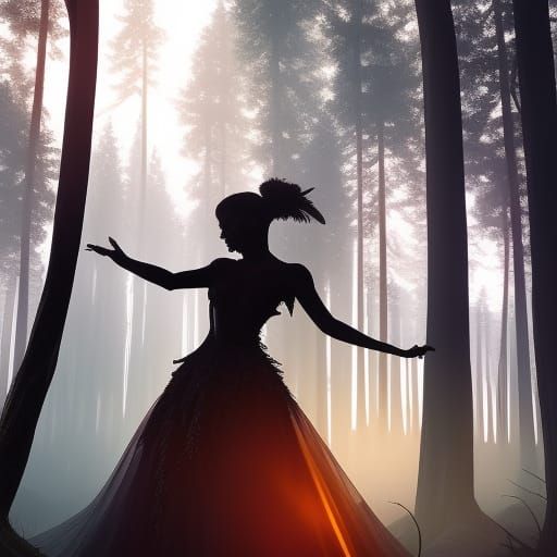 Dancer Silhouette in Shadowed Forest: Matte Painting