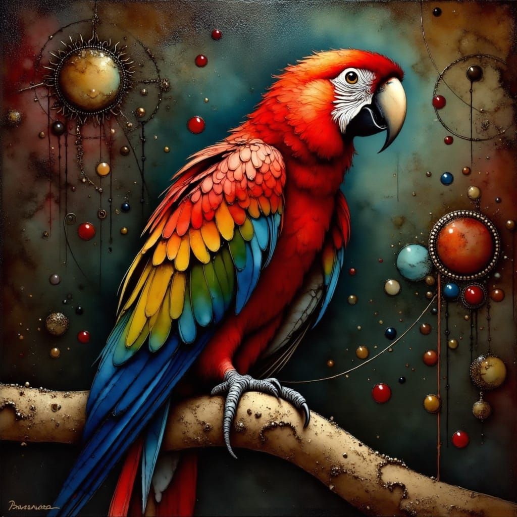 Chiaroscuro Oil Painting of a Vibrant Red Parrot
