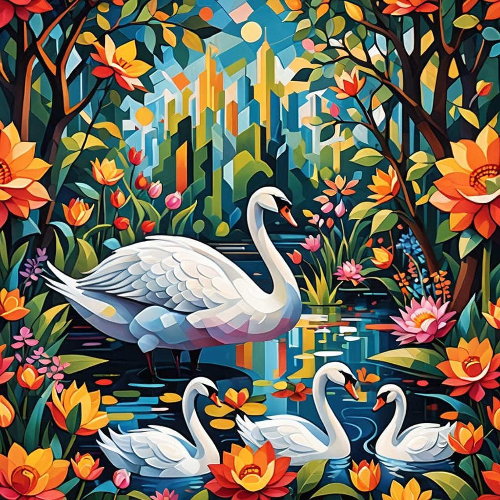 Colorful Cubist Swan with Flowers and Trees